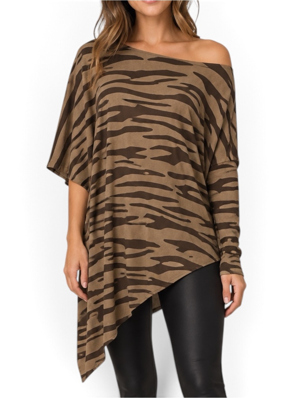 Badgley Mischka American Glamour M Off Shoulder Animal Print Asymmetrical Top